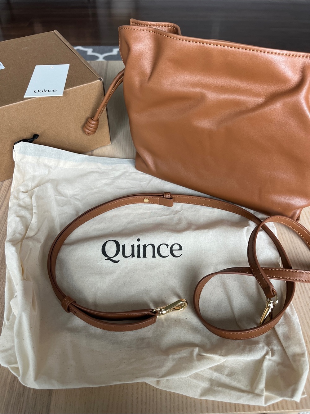 Quince Italian Leather Drawstring Crossbody Cognac NWT
